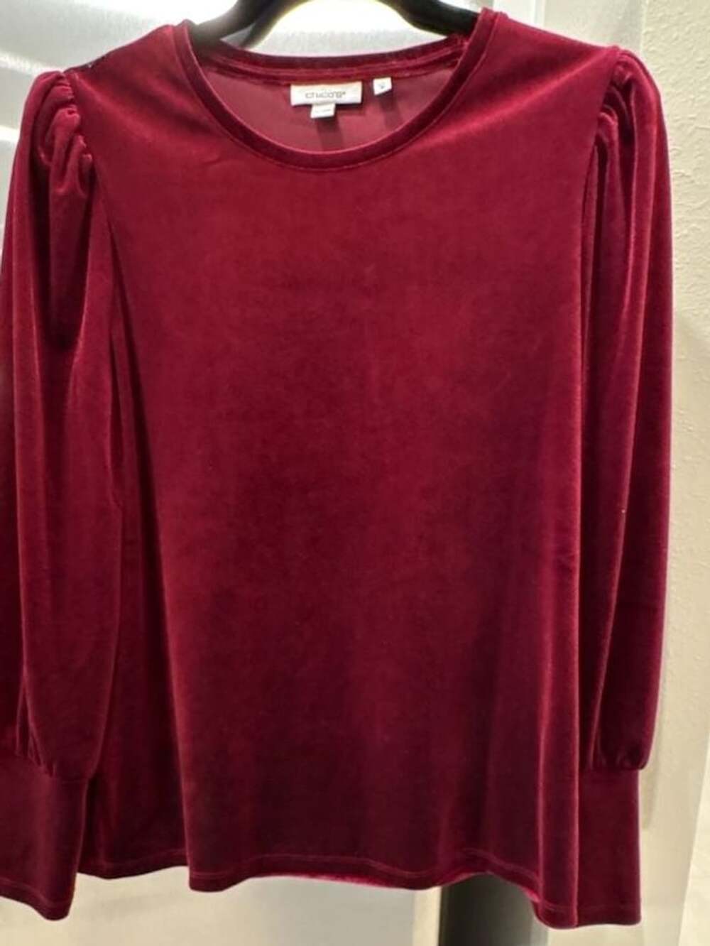 Chico's Velvet Long Sleeve Puff Shoulder Top in Burgundy Size M (1)